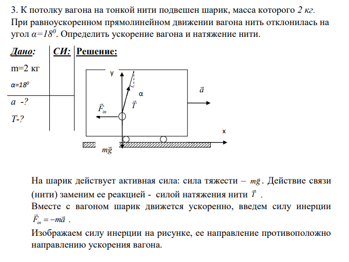 К потолку вагона на тонкой нити подвешен шарик, масса которого 2 кг. При равноускоренном прямолинейном движении вагона нить отклонилась на угол α=180 . Определить ускорение вагона и натяжение нити.
