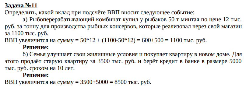 Определить, какой вклад при подсчёте ВВП вносит следующее событие: а) Рыбоперерабатывающий комбинат купил у рыбаков 50 т минтая по цене 12 тыс. руб. за тонну для производства рыбных консервов, которые реализовал через свой магазин за 1100 тыс. руб.