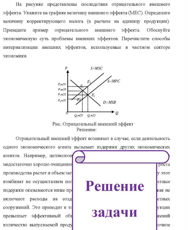 На рисунке представлены последствия отрицательного внешнего эффекта. Укажите на графике величину внешнего эффекта (МЕС). Определите величину корректирующего налога (в расчете на единицу продукции). При Приведите пример