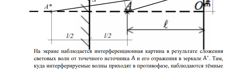 Точечный источник А монохроматического света с длиной волны расположен на расстоянии от экрана, а на расстоянии от экрана находится параллельное экрану плоское зеркало (см. рис.). Тёмная или светлая интерференционная полоса проходит на расстоянии от точки О (см. рис.)?