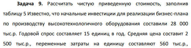Рассчитать чистую приведенную стоимость, заполнив таблицу 5 Известно, что начальные инвестиции для реализации бизнес-плана по производству высокотехнологичного оборудования составили 28 000 тыс.р.