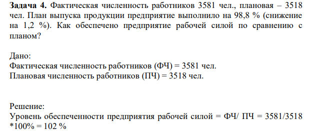 Фактическая численность работников 3581 чел., плановая – 3518 чел. План выпуска продукции предприятие выполнило на 98,8 % (снижение на 1,2 %). Как обеспечено предприятие рабочей силой по сравнению с планом?