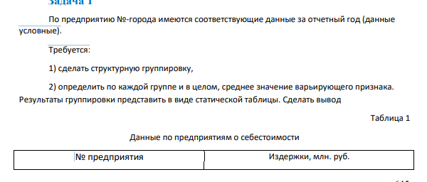 По предприятию №-города имеются соответствующие данные за отчетный год (данные условные). Требуется: 1) сделать структурную группировку, 2) определить по каждой группе и в целом, среднее значение варьирующего признака. Результаты группировки представить в виде статической таблицы.