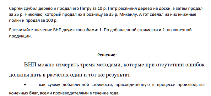 Сергей срубил дерево и продал его Петру за 10 р. Петр распилил дерево на доски, а затем продал за 25 р. Николаю, который продал их в розницу за 35 р. Михаилу. А тот сделал из них книжные полки и продал за 100 р.