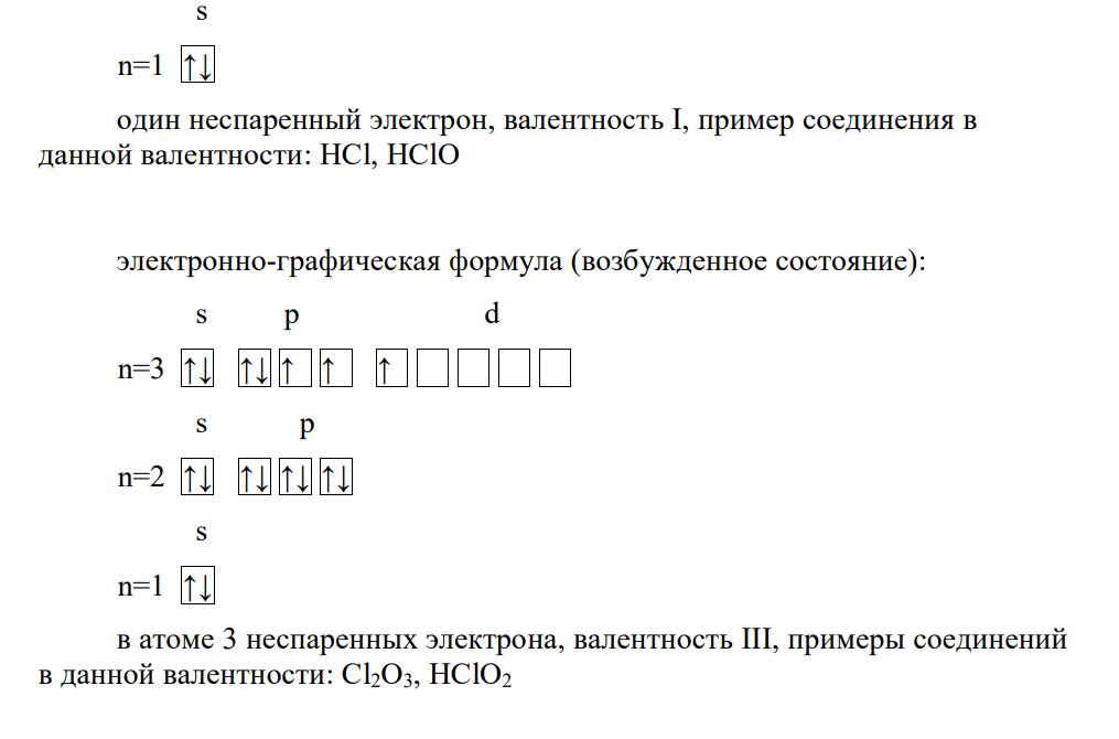 Напишите с помощью квантовых ячеек электронные формулы следующих атомов в их основном и возбуждённых состояниях, укажите возможные валентности этих атомов: а) хлор; б) магний; в) углерод. Приведите примеры соединений этих атомов с соответствующими валентностями.