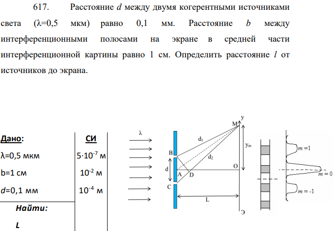 Расстояние d между двумя когерентными источниками света (λ=0,5 мкм) равно 0,1 мм. Расстояние b между интерференционными полосами на экране в средней части интерференционной картины равно 1 см.