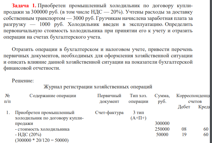 Приобретен промышленный холодильник по договору куплипродажи за 300000 руб. (в том числе НДС — 20%). Учтены расходы за доставку собственным транспортом — 3000 руб. Грузчикам начислена заработная плата за разгрузку — 1000 руб.