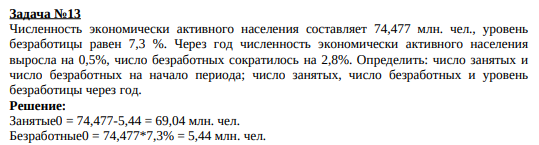 Численность экономически активного населения составляет 74,477 млн. чел., уровень безработицы равен 7,3 %. Через год численность экономически активного населения выросла на 0,5%, число безработных сократилось на 2,8%.