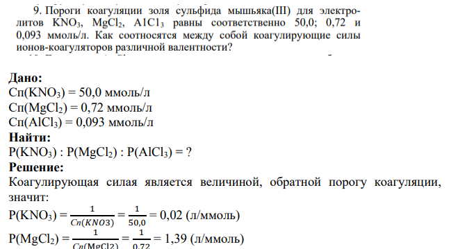 Пороги коагуляции золя сульфида мышьяка(III) для электролитов KNO3, MgCl2, A1Cl3 равны соответственно 50,0; 0,72 и 0,093 ммоль/л. Как соотносятся между собой коагулирующие силы ионов-коагуляторов различной валентности?
