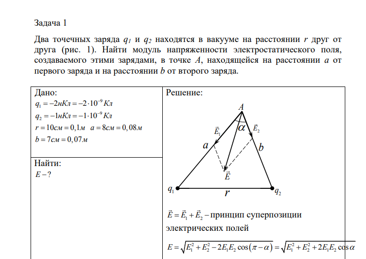 Два точечных заряда q1 и q2 находятся в вакууме на расстоянии r друг от друга (рис. 1). Найти модуль напряженности электростатического поля, создаваемого этими зарядами, в точке A, находящейся на расстоянии a от первого заряда и на расстоянии b от второго заряда. Дано: 9 1 q 2 2 10 нКл Кл 9 2 q 1 1 10 нКл Кл r 10 0,1 см м a 8 0,08 см м b 7 0,07 см м
