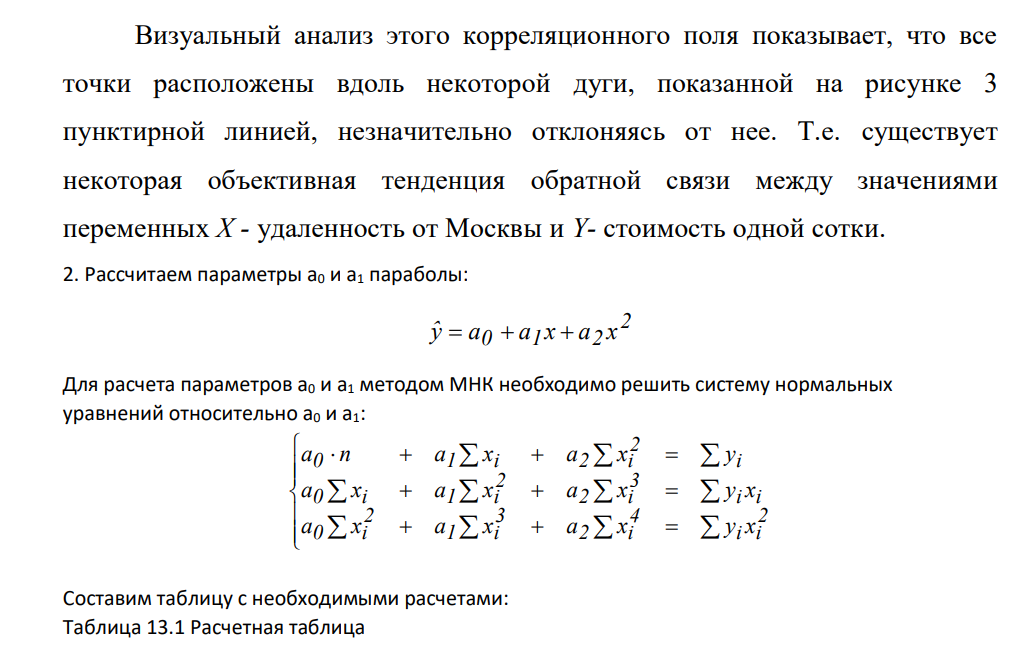 При исследовании земельных участков в зависимости от их удаленности от Москвы получены следующие данные: Показатель Участок 1 2 3 4 5 6 7 8 9 10 Удаленность от Москвы, км 145 140 132 125 120 110 90 90 60 30 Стоимость одной сотки, ден.ед. 400 600 800 900 1000 1000 1200 1350 1450 1500