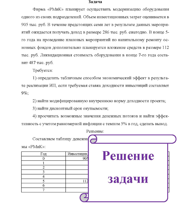 Фирма «РМиК» планирует осуществить модернизацию оборудования одного из своих подразделений. Объем инвестиционных затрат оценивается в 905 тыс, руб. В течение предстоящих семи лет в результате данных меропри- ятий ожидается получать доход в размере 286 тыс. руб. ежегодно.