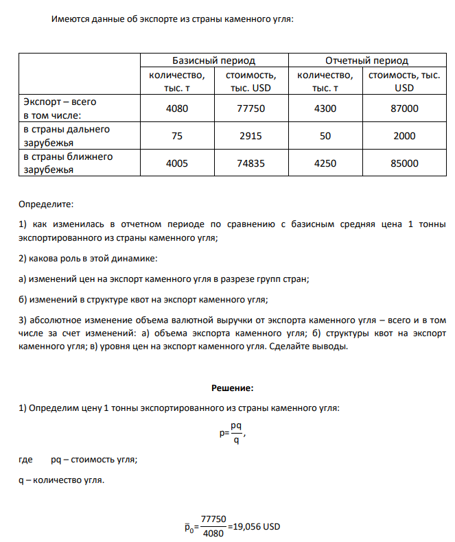 Имеются данные об экспорте из страны каменного угля: Базисный период Отчетный период количество, тыс. т стоимость, тыс. USD количество, тыс. т стоимость, тыс. USD Экспорт – всего в том числе