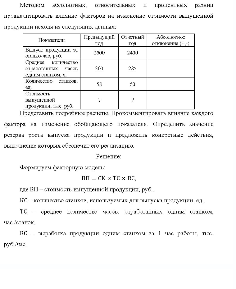 Методом абсолютных, относительных и процентных разниц проанализировать влияние факторов на изменение стоимости выпущенной продукции исходя из следующих данных: Показатели Предыдущий Отчетный год год Абсолютное отклонение