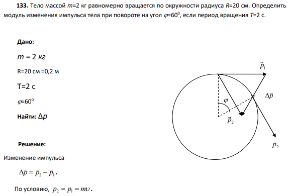 133. Тело массой m=2 кг равномерно вращается по окружности радиуса R=20 см. Определить модуль изменения импульса тела при повороте на угол =600 , если период вращения Т=2 с.