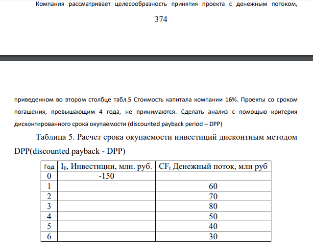 Компания рассматривает целесообразность принятия проекта с денежным потоком, 375 приведенном во втором столбце табл.5 Стоимость капитала компании 16%. Проекты со сроком погашения, превышающим 4 года, не принимаются.