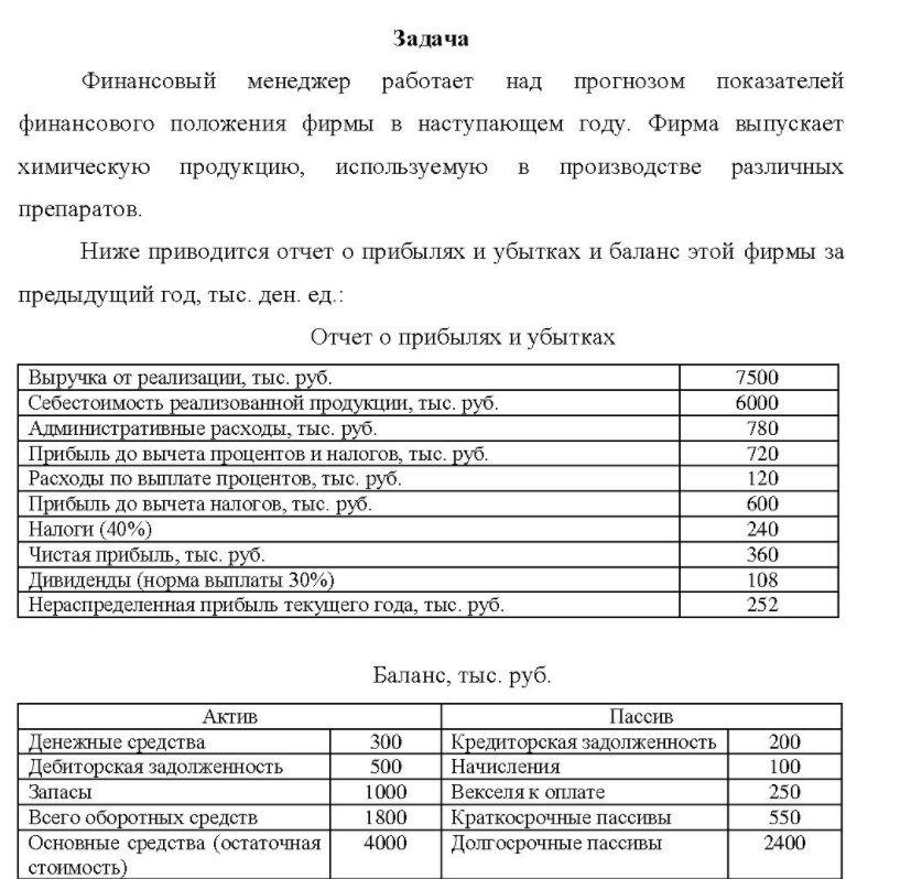 Финансовый менеджер работает над прогнозом показателей финансового положения фирмы в наступающем году. Фирма выпускает химическую продукцию, используемую в производстве различных препаратов.