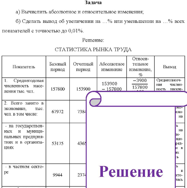 a) Вычислить абсолютное и относительное изменения; б) Сделать вывод об увеличении на … или уменьшении на …всех показателей с точностью до 0,01%.