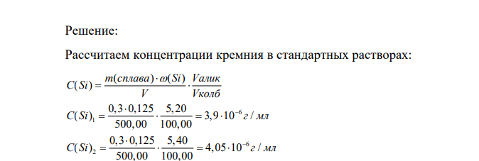 Навеску стандартного алюминиевого сплава, содержащего 12,5% кремния, массой 0,300 г растворили в колбе вместимостью 500,0 см3 . Для построения градуировочного графика