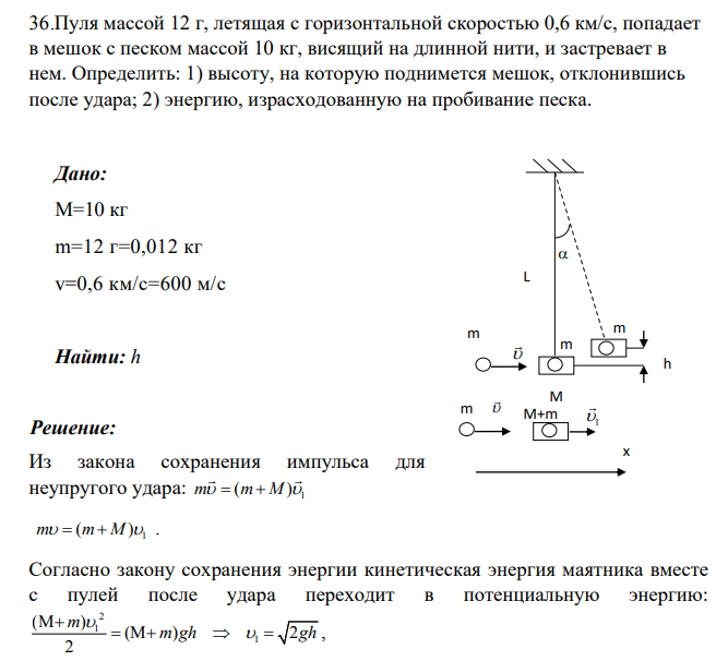 .Пуля массой 12 г, летящая с горизонтальной скоростью 0,6 км/с, попадает в мешок с песком массой 10 кг, висящий на длинной нити, и застревает в нем. Определить: 1) высоту, на которую поднимется мешок, отклонившись после удара; 2) энергию, израсходованную на пробивание песка.