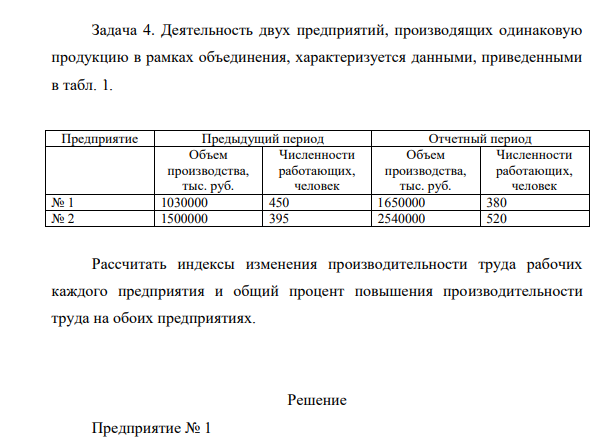 Деятельность двух предприятий, производящих одинаковую продукцию в рамках объединения, характеризуется данными, приведенными в табл. 1. Предприятие Предыдущий период Отчетный период Объем производства, тыс. руб.
