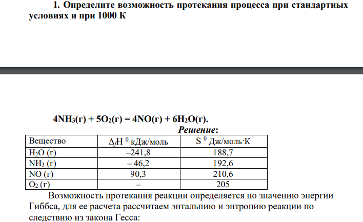 Определите возможность протекания процесса при стандартных условиях и при 1000 К 4NH3(г) + 5O2(г) = 4NO(г) + 6H2O(г).
