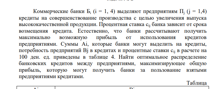 Коммерческие банки Бi (i = 1, 4) выделяют предприятиям Пj (j = 1,4) кредиты на совершенствование производства с целью увеличения выпуска высококачественной продукции. Процентная ставка сij банка зависит от срока возмещения кредита.