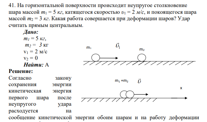 На горизонтальной поверхности происходит неупругое столкновение шара массой m1 = 5 кг, катящегося скоростью υ1 = 2 м/с, и покоящегося шара массой m2 = 3 кг. Какая работа совершается при деформации шаров? Удар считать