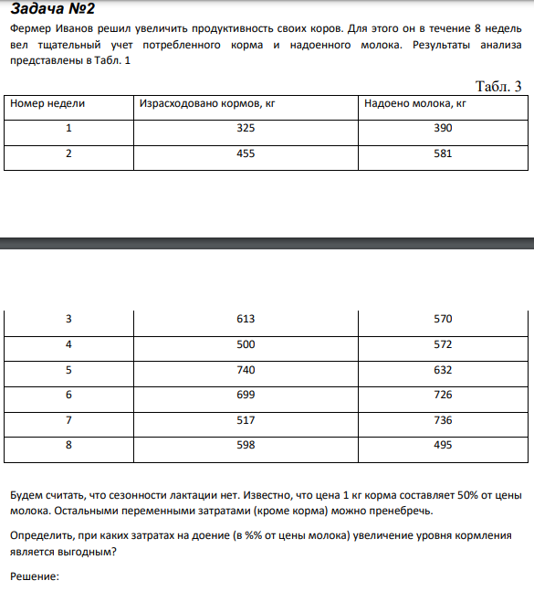 Задача №2 Фермер Иванов решил увеличить продуктивность своих коров. Для этого он в течение 8 недель вел тщательный учет потребленного корма и надоенного молока. Результаты анализа представлены в Табл. 1 Табл. 3