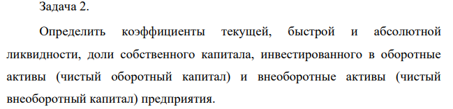 Определить коэффициенты текущей, быстрой и абсолютной ликвидности, доли собственного капитала, инвестированного в оборотные активы (чистый оборотный капитал) и внеоборотные активы (чистый внеоборотный капитал) предприятия.