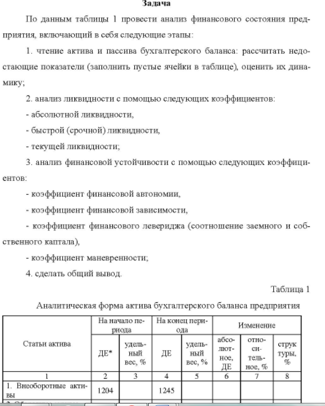 По данным таблицы 1 провести анализ финансового состояния пред- приятия, включающий в себя следующие этапы: 1. чтение актива и пассива бухгалтерского баланса: рассчитать недо- стающие показатели (заполнить пустые ячейки в таблице), оценить их дина- мику;