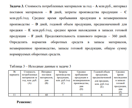 Стоимость потребленных материалов за год – A млн.руб., интервал поставок материалов – B дней, затраты производства продукции – C млн.руб./год. Среднее время пребывания продукции в незавершенном производстве – D дней, годовой объем продукции, предназначенной для продажи – E млн.руб./год, среднее время нахождения в запасах готовой продукции – F дней. Продолжительность планового периода – 360 дней.