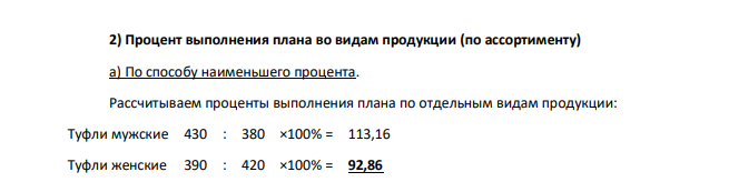 Определите по следующим данным: 1) процент выполнения плана по объему продукции в целом; 2) процент выполнения плана по видам продукции: - по способу наименьшего процента; - по удельному весу в общем перечне наименований изделий, по которому выполнен план выпуска продукции; - по способу среднего процента.