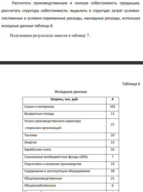 Рассчитать производственную и полную себестоимость продукции, рассчитать структуру себестоимости, выделить в структуре затрат условнопостоянные и условно-переменные расходы, накладные расходы, используя исходные данные таблицы 6.  Сырье и материалы 102 тыс. руб.
