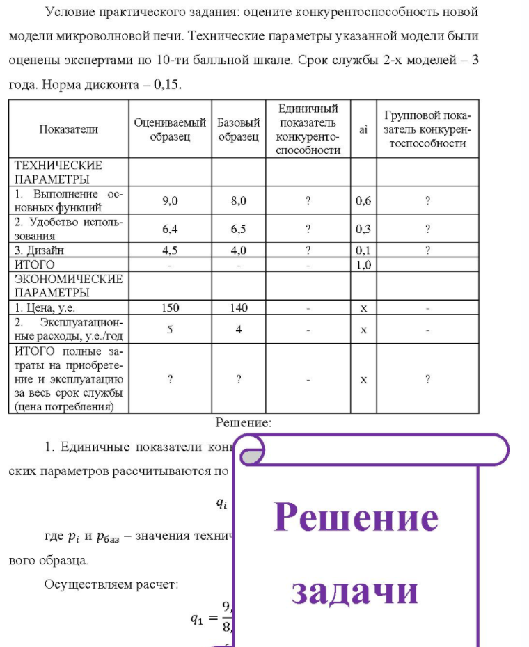 Условие практического задания: оцените конкурентоспособность новой модели микроволновой печи. Технические параметры указанной модели были оценены экспертами по 10-ти балльной шкале. Срок службы 2-х моделей - 3 года. Норма дисконта - 0,15. Показатели Единичный Оцениваемый Базовый
