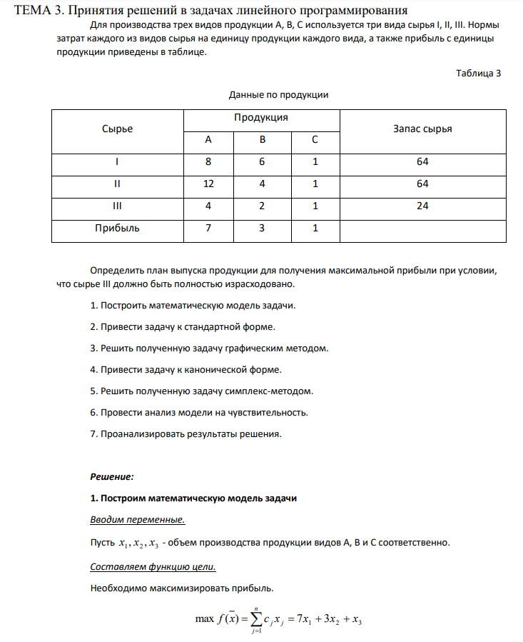 Для производства трех видов продукции A, B, C используется три вида сырья I, II, III. Нормы затрат каждого из видов сырья на единицу продукции каждого вида, а также прибыль с единицы продукции приведены в таблице. Таблица