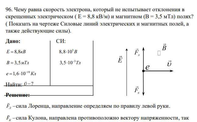 Чему равна скорость электрона, который не испытывает отклонения в скрещенных электрическом ( Е = 8,8 кВ/м) и магнитном (В = 3,5 мТл) полях? ( Показать на чертеже Силовые линий электрических и магнитных полей, а также действующие силы).