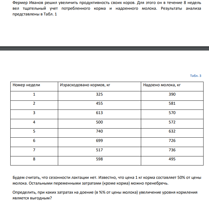 Фермер Иванов решил увеличить продуктивность своих коров. Для этого он в течение 8 недель вел тщательный учет потребленного корма и надоенного молока. Результаты анализа представлены в Табл. 1 Табл. 3 Номер недели Израсходовано кормов, кг Надоено молока, кг 1 325 390