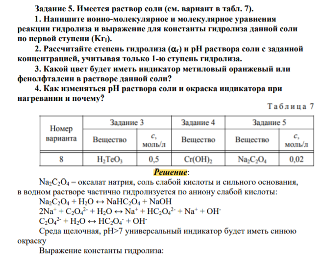 Имеется раствор соли (см. вариант в табл. 7). 1. Напишите ионно-молекулярное и молекулярное уравнения реакции гидролиза и выражение для константы гидролиза данной соли по первой ступени (KгI). 2. Рассчитайте степень гидролиза (г) и рН раствора соли с заданной концентрацией, учитывая только 1-ю ступень гидролиза. 3. Какой цвет будет иметь индикатор метиловый оранжевый или фенолфталеин в растворе данной соли