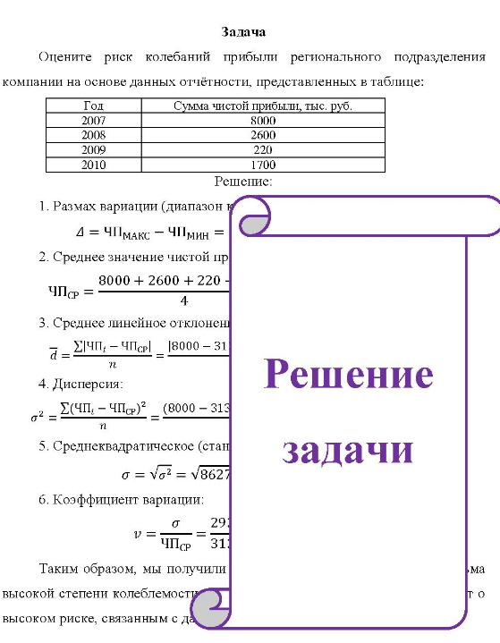 Оцените риск колебаний прибыли регнонального подразделения компании на основе данных отчётности, представленных в таблице: Год 2007 2008 2009 2010 Сумма чистой прибыли, тыс. руб. 8000 2600 220 1700
