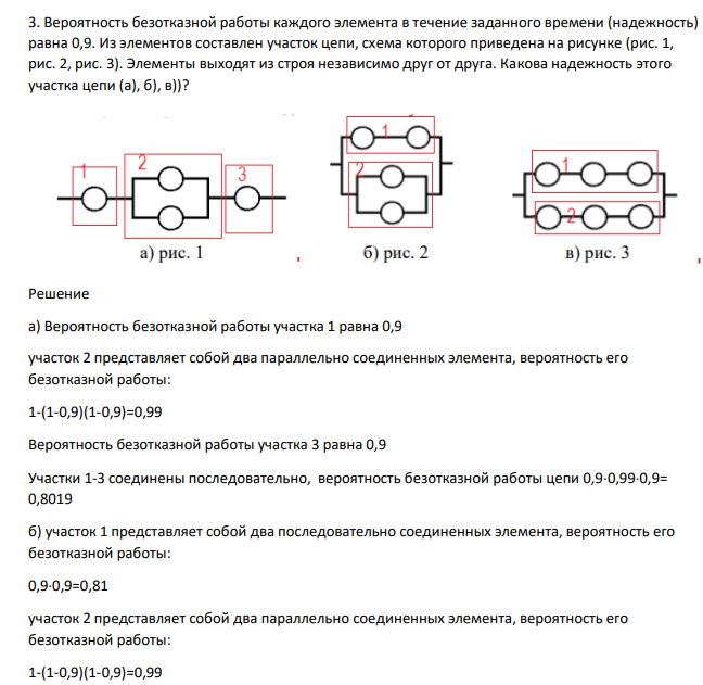 Вероятность безотказной работы каждого элемента в течение заданного времени (надежность) равна 0,9. Из элементов составлен участок цепи, схема которого приведена на рисунке (рис. 1, рис. 2, рис. 3). Элементы выходят из строя