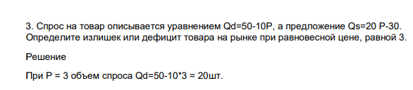 Спрос на товар описывается уравнением Qd=50-10P, а предложение Qs=20 P-30. Определите излишек или дефицит товара на рынке при равновесной цене, равной 3