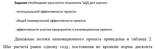 Необходимо рассчитать показатель ЧДД для оценки: - потенциальной эффективности проекта; - общей коммерческой эффективности проекта; - эффективности участия предприятия в инновационном проекте. Денежные потоки инновационного проекта приведены в таблице 2. Шаг расчета равен одному году, постоянная во времени норма дисконта 407 равна 15%. Кредитный процент 12,35 % годовых Депозитный процент составляет 15% годовых для средств, вкладываемых с целью обеспечения финансовой реализуемости проекта.