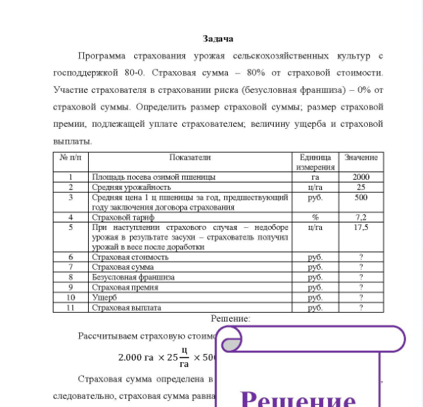 Задача Программа страхования урожая сельскохозяйственных культур с господдержкой 80-0. Страховая сумма - 80% от страховой стоимости. Участие страхователя в страховании риска (безусловная франшиза) - 0% от страховой суммы. Определить размер страховой суммы; размер страховой премии, подлежащей уплате страхователем, величину ущерба и страховой выплаты.