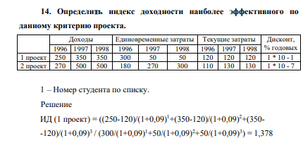 Определить индекс доходности наиболее эффективного по данному критерию проекта. Доходы Единовременные затраты
