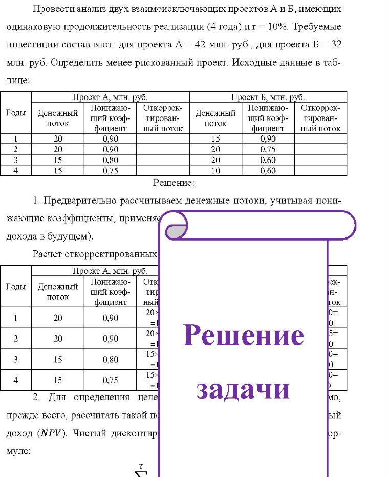 Провести анализ двух взаимоисключающих проектов А и Б, имеющих одинаковую продолжительность реализации (4 года) и т = 10%. Требуемые 32 инвестиции составляют: для проекта А - 42 млн. руб., для проекта Б - 32 млн. руб. Определить менее рискованный
