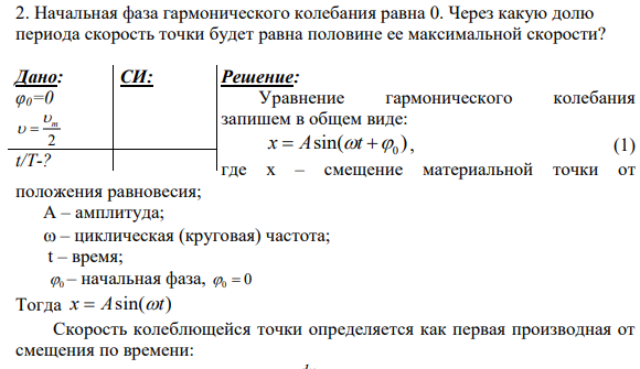 2. Начальная фаза гармонического колебания равна 0. Через какую долю периода скорость точки будет равна половине ее максимальной скорости? Дано: φ0=0 2  m    t/Т-? СИ: