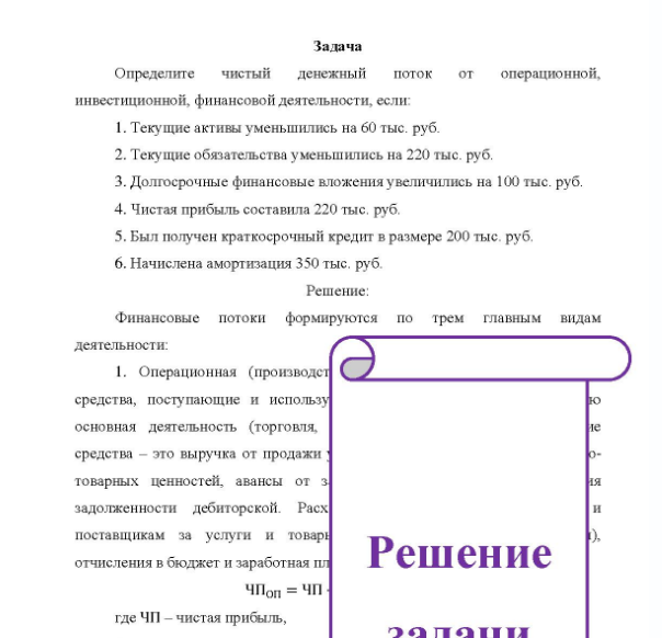 Задача Определите чистый денежный поток от операционной, инвестиционной, финансовой деятельности, если: 1. Текущие активы уменьшились на 60 тыс. руб. 2. Текущие обязательства уменьшились на 220 тыс. руб. 3. Долгосрочные финансовые вложения увеличились на 100 тыс. руб. 4. Чистая прибыль составила 220 тыс, руб. 5. Был получен краткосрочный кредит в размере 200 тыс. руб. 6. Начислена амортизация 350 тыс. руб