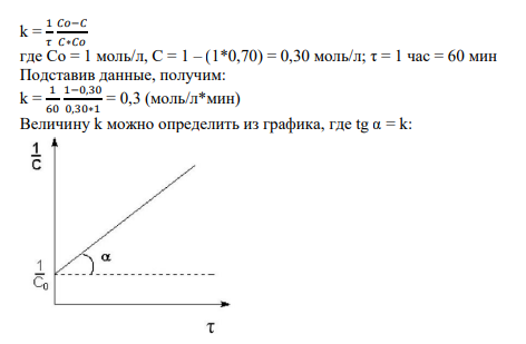 Вопрос 2 1.Реакция второго порядка протекает за 1 час на 70 %, если С 3= 1 моль/л. Рассчитайте константу скорости К. Из какого графика можно определить К ?