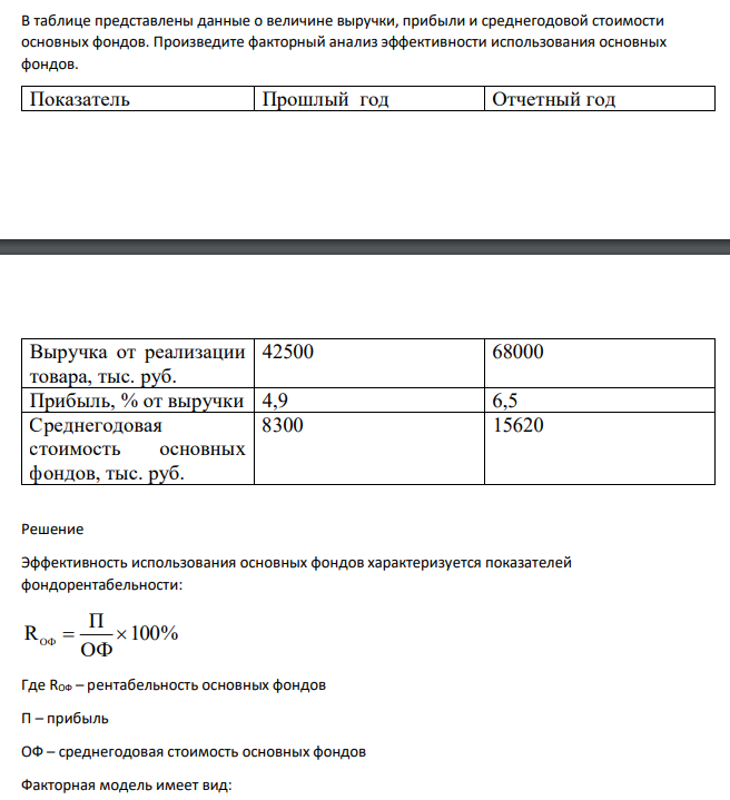 В таблице представлены данные о величине выручки, прибыли и среднегодовой стоимости основных фондов. Произведите факторный анализ эффективности использования основных фондов. Показатель Прошлый год Отчетный